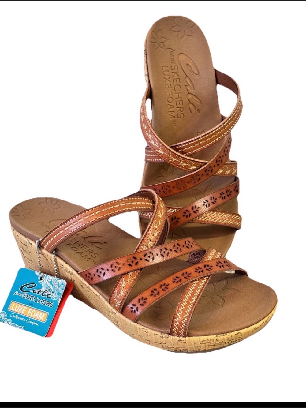 NWT Skechers  Beverlee Tan Brown Tiger Posse Wedge Sandal Size 8.5 Wide